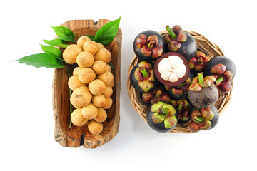 Mangosteen and Longkong on White Wooden Background
