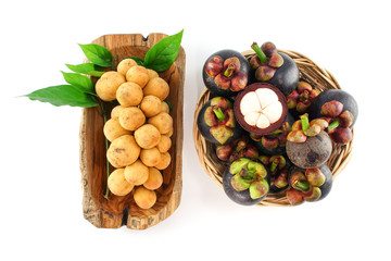 Mangosteen and Longkong on White Wooden Background