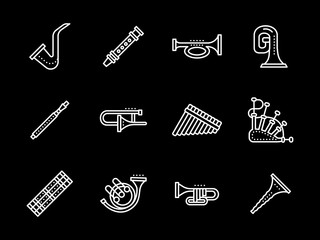 Music white line vector icons. Wind instruments
