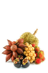 Durian, Rambutan, Mangosteen Longkong and Salacca Isolated, White Background