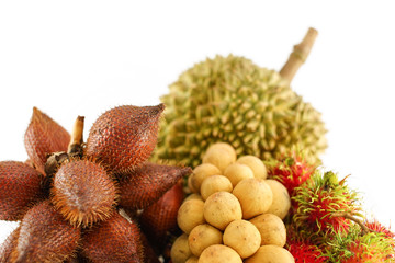 Durian, Rambutan, Mangosteen Longkong and Salacca Isolated, White Background