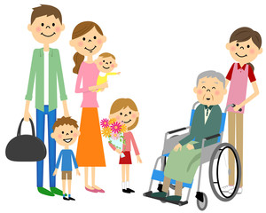 車椅子に座る高齢者　面会