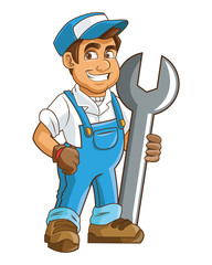 flat design construction or industrial worker holding wrench icon vector illustration