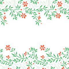 Red flowers horizontal frame seamless border on white, vector