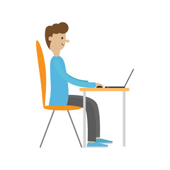 Fototapeta premium Profile man at desk with leptop. Guy working on computer. Boy sitting on chair at table. Office worker. Cute cartoon character. Workplase concept. Flat design. Isolated. White background.