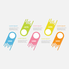 Five step Timeline Infographic. Colorful up down diagonal comet shape with circle. Template. Flat design. White background.