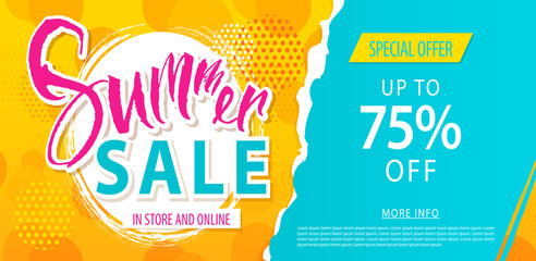 Summer sale lettering template banner. Vector illustration in yellow and blue color.
 - obrazy, fototapety, plakaty