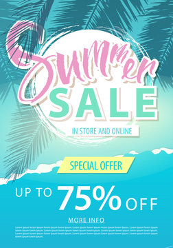Summer sale lettering on blue background with palm trees. Vector illustration.
