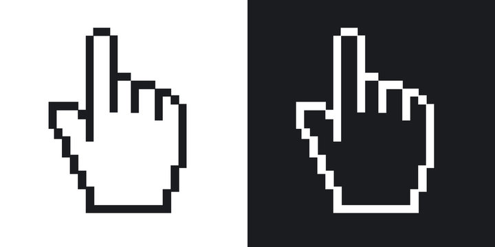 Vector pixelated hand cursor. Two-tone version on black and white background