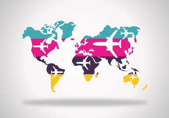 tour of the world banners concept. Tourism with fast travel on a flat design style. Vector illustration in retro style