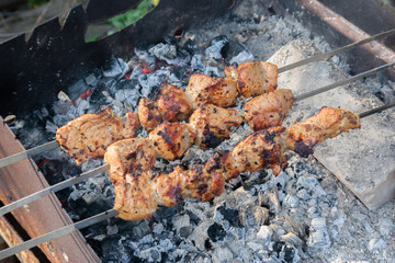 Meat on skewers hot coals