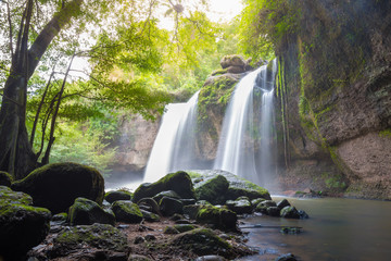 Fototapeta premium Amazing beautiful waterfalls in deep forest at Haew Suwat Waterfall in Khao Yai National Park, Thailand