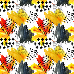 Autumn watercolor maple leaf and doodle seamless pattern
