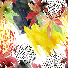 Autumn watercolor japanese maple leaf and doodle seamless pattern