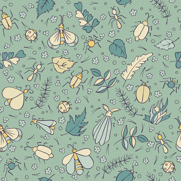 Colorful doodles Beetles Ants Butterflies foliage and needles. Insects seamless pattern. Kids vector illustration