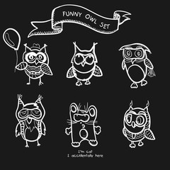 Funny owls simple hand drawn cartoon vector set