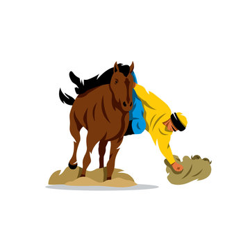 Horse game of Buzkashi. Vector Cartoon Illustration.