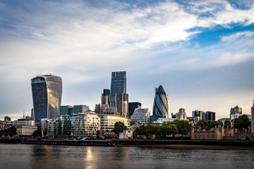 The City, one of the most important global financial center landmarks of the world, and the most important international business center in Europe, on the North bank of river Thames in London, England