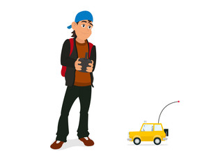 Boy playing with rc car with remote control in hands