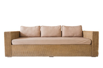 Rattan sofa with grey cushions isolated on white. Saved with cli