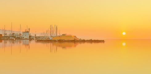 Barceloneta Beach in Barcelona at sunrise