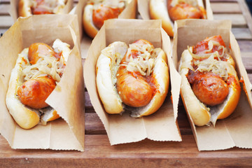 delicious sandwich pork sausage with bread