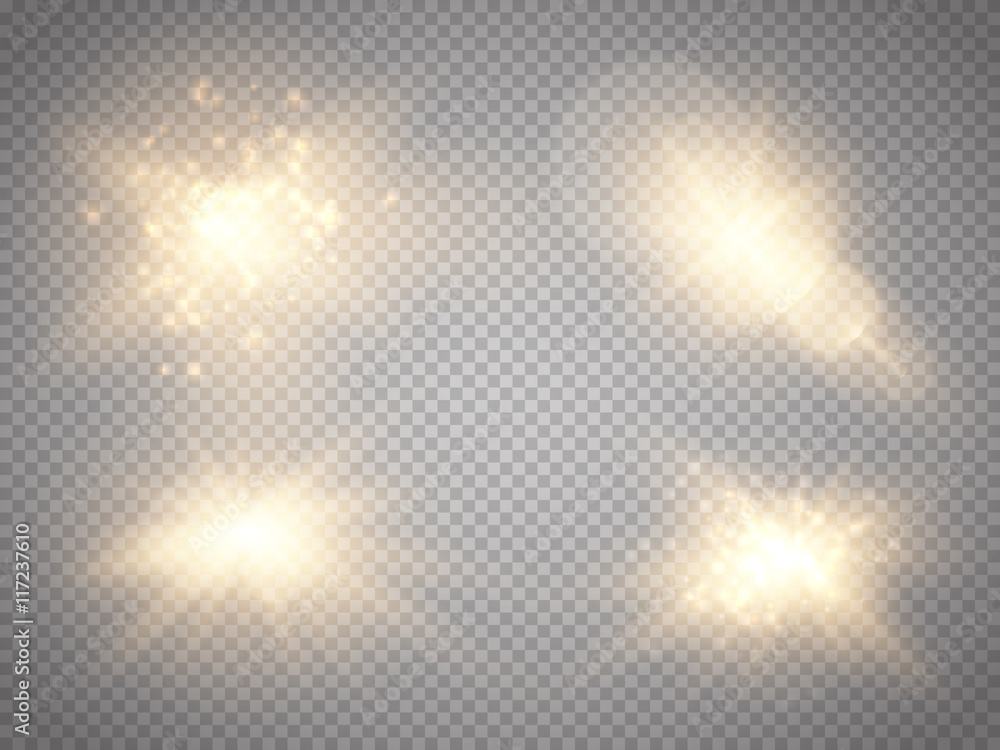 Poster set of golden glowing lights effects isolated on transparent background. glow light effect. star bur