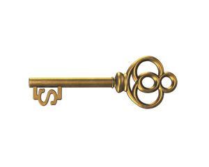 Gold treasure key in dollar sign shape, 3D rendering