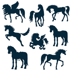 set vector silhouettes of horses