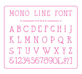 Vector mono line decorative font with hearts. Latin alphabet of vintage outline letters