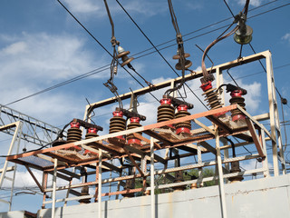 Substation railroad, ceramic and glass insulators with wires