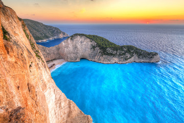 Navagio Beach (Shipwreck beach) at sunset on Zakynthos Island, Greece