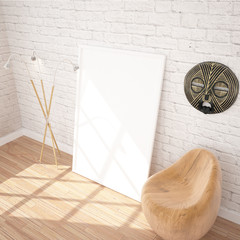 Hanging Poster Mock UP In Contemporary Exhibition Interior Space With Floor Lamp, Wooden Chair And Sculpture. White bricks Wall, Wooden Floor.Perfect Background To Present Your Designs And Photos.