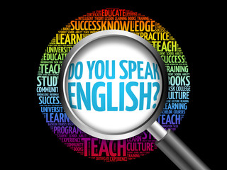 Do You Speak English? word cloud with magnifying glass, education concept 3D illustration