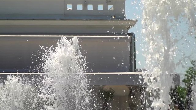 Slow motion. The jets of the fountain. High speed camera