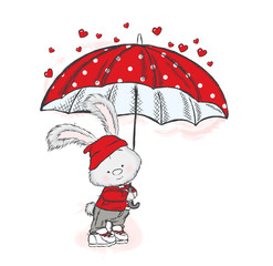 Cute hare in clothes and an umbrella. A rain of heart. Vector illustration for greeting card, poster, or print on clothes. Little rabbit.