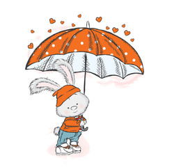 Cute hare in clothes and an umbrella. A rain of heart. Vector illustration for greeting card, poster, or print on clothes. Little rabbit.