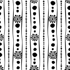 Black and white geometric endless background with ornamental decorative elements with ethnic, traditional motives. Series of Black and White Hand Drawn Ornamental Seamless Patterns