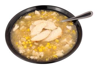 Chicken And Sweetcorn Soup In A Black Bowl