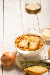 French onion soup on the white table