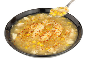 Chicken And Sweetcorn Soup In A Black Bowl