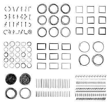 Big set of hand-drawn doodle design elements. Circles, arrows, lines, squares for your pen highlights