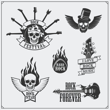 Rock'n'Roll music symbols, labels, logos and design elements.