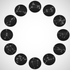 Set of round zodiac constellations. Horoscope set: Aries, Leo, Sagittarius, Capricorn, Taurus, Virgo, Libra, Aquarius, Gemini, Cancer, Scorpio, Pisces