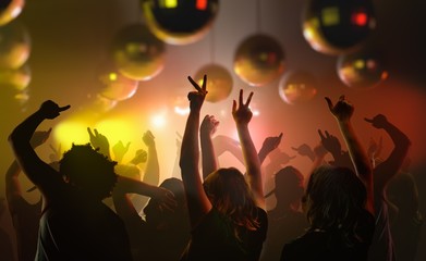 Nightlife and disco concept. Young people are dancing in club. - obrazy, fototapety, plakaty