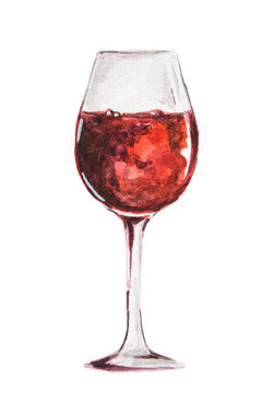 Isolated watercolor red wine glass on white background. Concept of celebration, relaxing or restaurant menu.