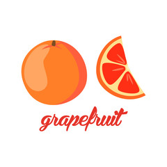 Grapefruit fruits poster in cartoon style depicting whole and half of fresh juicy citruses isolated on white background including caption Grapefruit. Vector illustration.