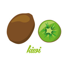 Kiwi fruits poster in cartoon style. depicting whole and half. fresh juicy. isolated on white background including caption Kiwi. Vector illustration.