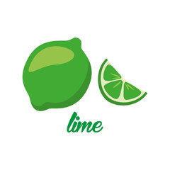 lime fruits poster in cartoon style depicting whole and half of fresh juicy citruses isolated on white background including caption lime. Vector illustration.