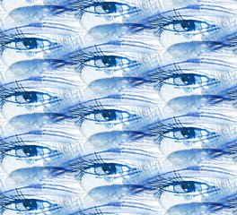 print,, abstract blue eye seamless pattern, watercolor sketch